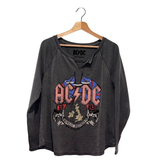 AC/DC Lucky Brand Gray Graphic Long Sleeve Pullover Thermal Women's Top Size L - Picture 1 of 7